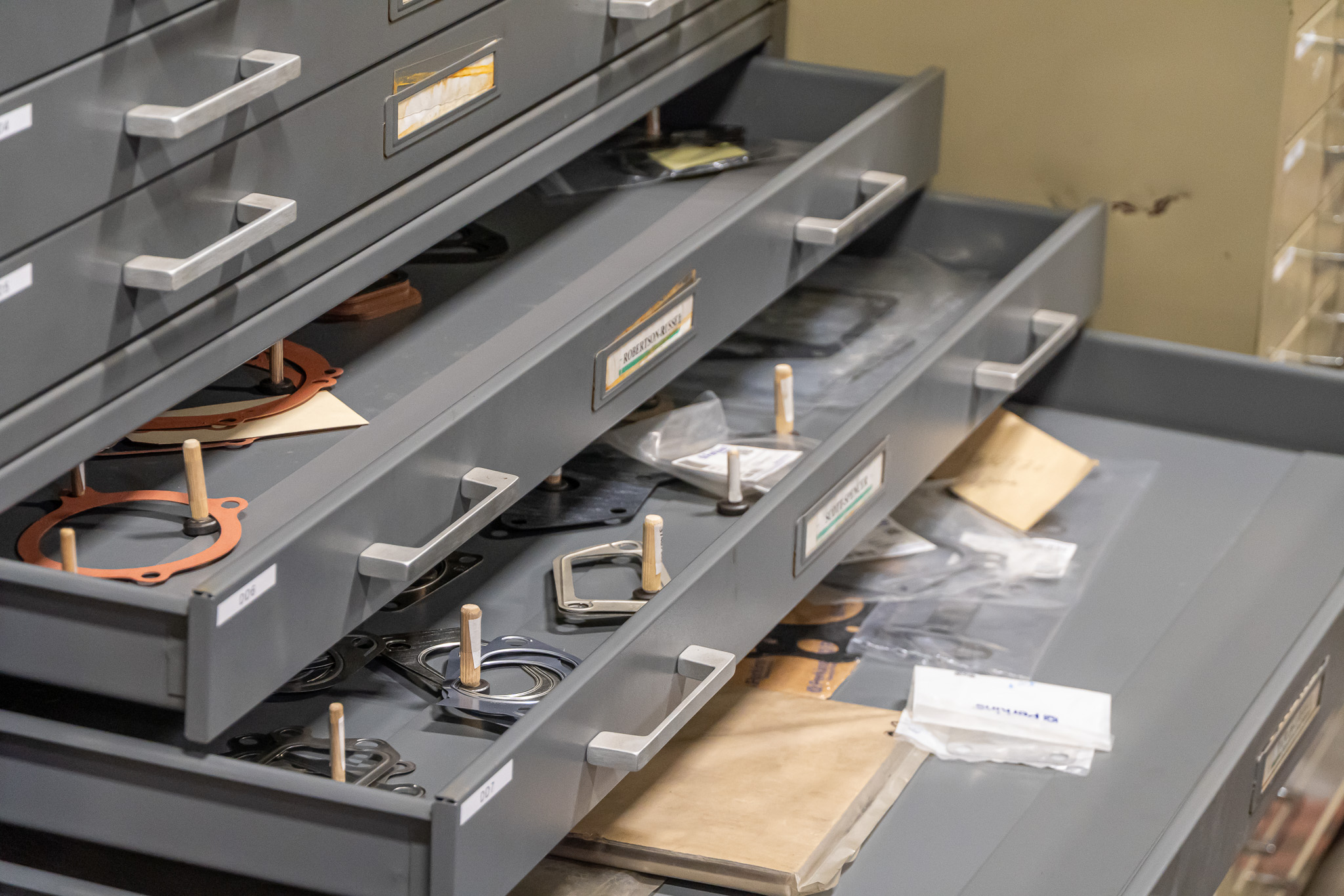 Organized gasket drawers in parts room