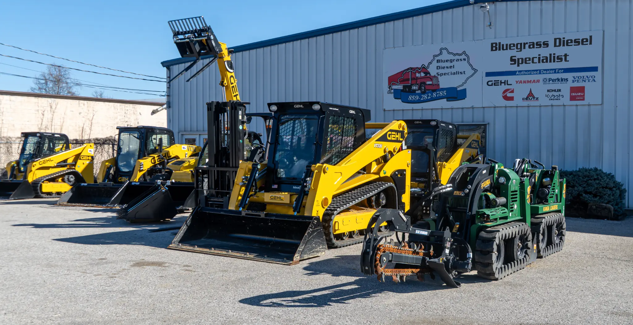 GEHL equipment lineup at Bluegrass Diesel Specialists, Burlington KY — skid steers, track loaders, and telehandlers